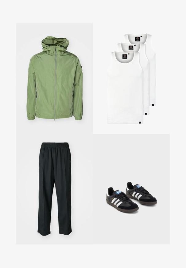 Veste légère à capuche de couleur vert clair, dotée de poignets élastiques, d'une fermeture éclair à l'avant et d'un léger éclat. Deux poches latérales incluses.; Trois débardeurs blancs côtelés en coton. Présentent un col rond et de petites étiquettes noires près de l'ourlet. Disponibles en plusieurs tailles.; Pantalons de sport noirs avec une taille élastique, fabriqués en tissu lisse, présentant des coutures latérales discrètes et une coupe décontractée, avec un design à jambes droites.; Des baskets noires avec une tige en suède et en matériaux synthétiques, dotées de trois rayures blanches, d'une semelle en caoutchouc texturé et d'une étiquette de logo bleue sur la languette.