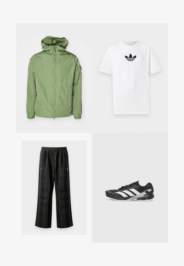 Lightweight, hooded jacket in a light green color, featuring elastic cuffs, a front zip closure, and a subtle sheen. Two side pockets included.; White cotton T-shirt featuring a black Adidas logo at the center. Short sleeves and a crew neck design. Smooth texture.; Black plaid pants featuring an elastic waistband, two front pockets, and a loose fit with a straight leg design. Made from lightweight material.; Black athletic shoe with white stripes, mesh upper, rounded toe, and cushioned sole. Features a textured heel and secure lacing system.