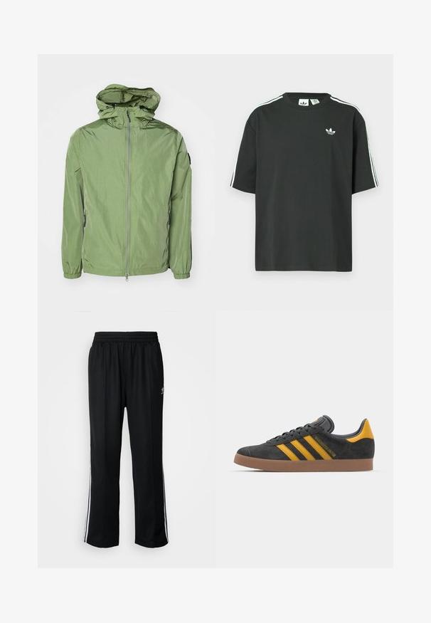 Lengvas, su gobtuvu, šviesiai žalias džemperis, turintis elastines rankoves, priekinį užtrauktuką ir subtilų blizgesį. Įrengti du šoniniai kišeniai.; Juoda medvilninė trumpų rankovių marškinėliai su apvalia apykakle ir trimis baltomis juostelėmis ant pečių. Priekyje yra mažas baltas logotipas.; Juodi sportiniai keliai su elastingu juosmeniu, su baltais šonais ir mažu logotipu. Atrodo, kad medžiaga yra minkšta ir lengva.; Juodas zomšinės sportbačiai su geltonais akcentais, turintys tris juosteles ir rudą gumos padą. Apima paminkštintą liežuvėlį patogumui.