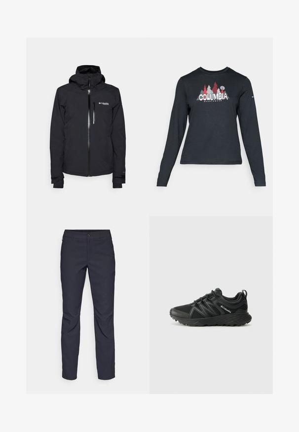 Black waterproof jacket with a hood, front zipper, and chin guard. Features a small zip pocket on the chest and adjustable cuffs.; Long-sleeve dark gray shirt with a graphic of red trees and mountains; "COLUMBIA" logo in bold white text. Soft fabric, standard crew neck.; Navy blue pants made of smooth fabric, featuring a front button closure, slim-fit design, and creased detailing at the knees.; Columbia PEAKFREAK - Hiking shoes - black