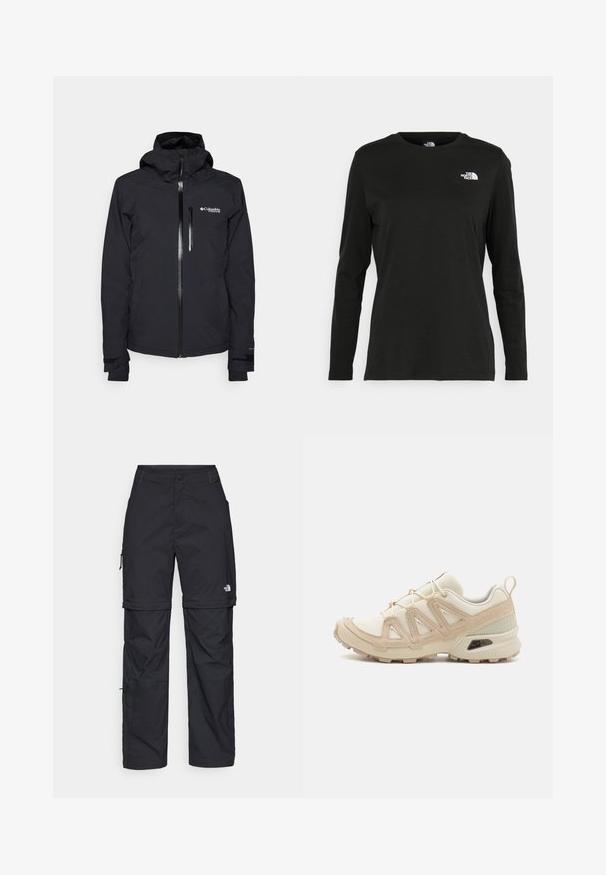 Fekete vízálló dzseki kapucnival, elülső cipzárral és állvédővel. Ezen kívül egy kis cipzáras zsebből áll a mellen és állítható mandzsettákból.; Fekete, hosszú ujjú póló pamutból, kerek nyakkal. A bal mellrészen egy kis fehér logó található. Egyszerű dizájn és szabás.; Fekete nylon zipzáras cargo nadrág állítható mandzsettával, több zsebbel és logóval a jobb lábon. Simább, könnyű textúra.; Beige és krém színű sportcipő, texturált hálós felsőrésszel, támogató burkolattal és gumitalppal, amely tapadás érdekében bordázott mintázattal rendelkezik.