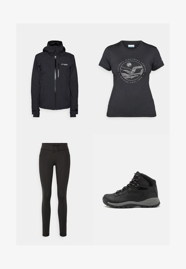 Crna vodootporna jakna s kapuljačom, prednjim zatvaračem i zaštitom za bradu. Ima mali zip džep na prsima i podesive manžete.; Crna Columbia majica s bijelim kružnim crtežom planine i rijeke te natpisom "Columbia Sportswear Company Outside Since 1938."; Crne tajice s visokim strukom, uzicom, glatkom teksturom i uskim dizajnom. Imaju šavove duž bokova.; Crne planinarske čizme s dizajnom srednjeg vrha, sa teksturiranim gornjim dijelom, sivim akcentima i izdržljivom gumom potplatom s uzorkom za prianjanje.