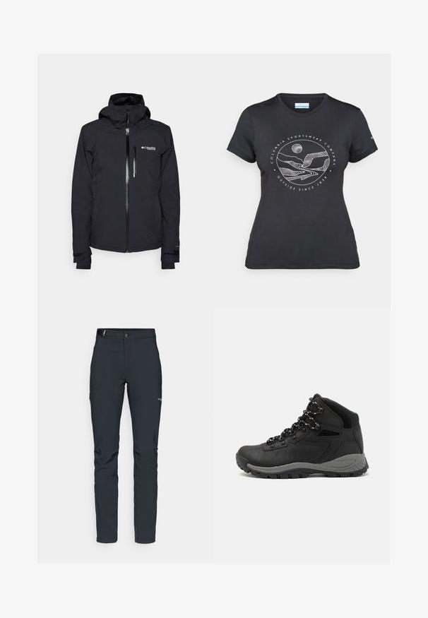 Musta veekindel jakk kapuutsiga, esimesel lukul on lõua kaitse. Sellel on väike lukuga tasku rinnal ja reguleeritavad mansetid.; Musternine Columbia T-särk mustas värvuses, millel on valge ümmargune mägi ja jõe joonistus ning tekst "Columbia Sportswear Company Outside Since 1938."; Meeste välkpüksid, tumehallid, valmistatud paindlikest materjalidest, vöökohaga, tõmblukuga taskud ja tugevdatud õmblused.; Mustarjaline matkasaabas, millel on keskmine disain, tekstuuriga ülemine osa, hallid aktsendid ja vastupidav kummist põhi, millel on haardelugesid.