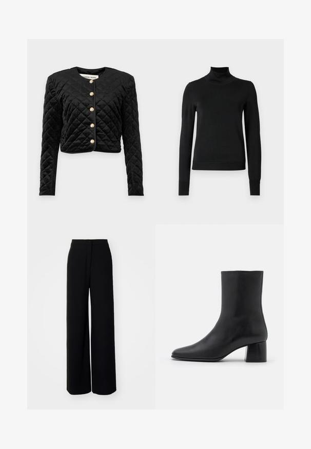 Black quilted cropped jacket featuring long sleeves, round neckline, and six gold button closures along the front. Soft velvet texture.; Black long-sleeve turtleneck sweater with ribbed cuffs and hem, displayed on a plain white background.; Black wide-leg trousers with a high waist, smooth fabric, front button closure, and no visible pockets, featuring a tailored fit.; Black leather ankle boot with a pointed toe and a chunky square heel. Smooth texture with a seamless design and minimalistic stitching.