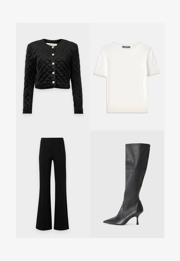 Svart vadderad kort jacka med långa ärmar, rund halsringning och sex guldknappstängningar fram. Mjuk sammetstextur.; Vit kortärmad stickad topp med rund halsringning, med en jämn textur och subtila randiga detaljer vid ärmarna och fållen.; Svarta vida byxor med hög midja, tillverkade av elastiskt tyg. Har vertikala sömmar framtill och en jämn yta.; Knähöga svarta läderstövlar med spetsig tå och smal stilettklack. Slät textur med en åtsittande design och sömnad vid övre kanten.