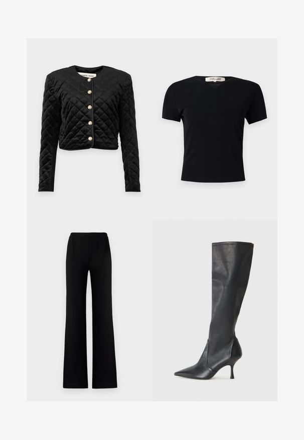 Jachetă scurtă neagră, matlasată, cu mâneci lungi, guler rotund și șase închideri cu butoane aurii pe partea din față. Textură catifelată moale.; Tricou negru, cu mânecă scurtă, de tip V, confecționat dintr-un material neted și elastic. Prezintă o siluetă simplă, clasică, fără embellishments.; Pantaloni negri, cu picioare late, confecționați dintr-un material moale, cu talie elastică, având o textură netedă și fără buzunare sau embellishments vizibile.; Botine din piele neagră, până la genunchi, cu vârf ascuțit și toc subțire stiletto. Textură netedă, cu un design ajustat și cusături la marginea superioară.