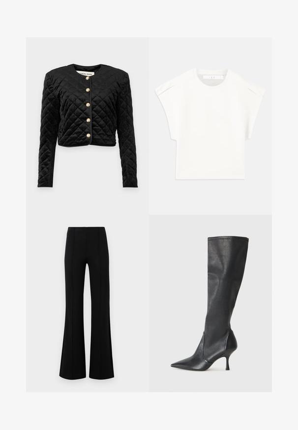 Fekete steppelt, cropped dzseki hosszú ujjakra, kerek nyakkivágással és hat aranygombos záródással elöl. Puha bársonyos textúra.; Fehér, doboz formájú póló rövid ujjakkal. Simára símított szövetből készült, kerek nyakkivágással és diszkrét vállrészletekkel rendelkezik. Egyszerű dizájn.; Fekete, flared nadrág magas derékkal, rugalmas anyagból készült. Elölnézetén függőleges varrásokkal rendelkezik, sima textúrával.; Térd fölötti fekete bőr csizmák hegyes orral és karcsú stiletto sarkal. Simább textúrájúak, jól illeszkedő kialakítással és varrással a tetején.