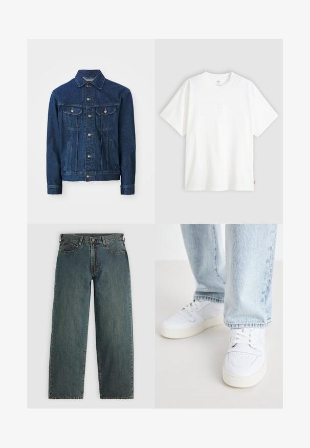 Tumši zila džinsa jaka ar priekšējo pogu aizdari, divām krūšu kabatām un sānu kabatām. Klasisks apkakle, garas piedurknes, taisna fasona.; Balta īslaicīga T-krekla ar īsām piedurknēm, kas izgatavots no kokvilnas, ar apaļu kakla izgriezumu. Priekšpusē ir smalks reljefs ar logotipu un sarkans birka apakšmalā.; Tumši zili taisni džinsi ar pogu un rāvējslēdzēju, priekšējām kabatām un jostu cilpām uz gaiši pelēka fona.; Biezi balti ādas apavi līdz potītei ar perforētu purngalu, plakaniem šņorēm un minimālistisku dizainu. Saskaņoti ar gaiši ziliem džinsiem.