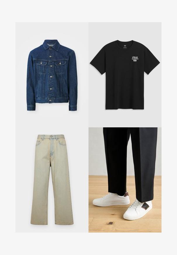 Tumed denim jope, millel on esine nupuluku ja kaks rinna taskut ning küljetaskud. Klassikaline krae, pikad varrukad, sirge disain.; Must musta t-särk, millel on rinnakrüpt, mis ütleb "KESKKOND" valgel stiliseeritud fontidega ja "Levi's" all. Klassikaline ümar kaelus.; Heledad sinine laiad teksad, mis on valmistatud fliisist ja millel on pleekinud viimistlus. Omab viit taskut ja esist nuppude sulgemist.; Valged sneakersid siledat tekstuurist, millel on pruunad nahast detailid ja mustad aksessuaarid, millele on sobitatud mustad kohandatud püksid. Puitpõranda taust.