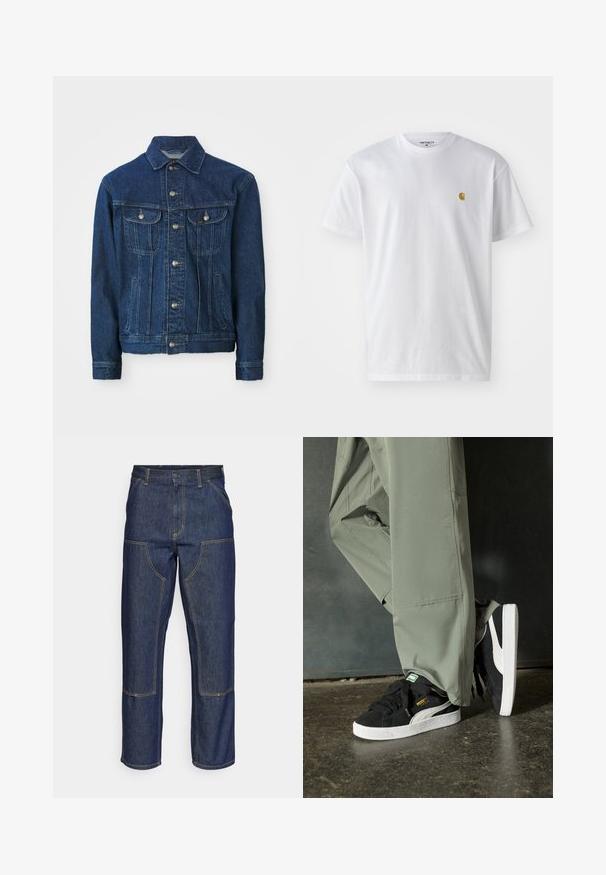 Jaqueta de denim em azul escuro, com fecho frontal por botões, dois bolsos no peito e bolsos laterais. Gola clássica, mangas longas, design reto.; T-shirt branca de algodão com mangas curtas, decote redondo, apresentando um pequeno logótipo dourado na área do peito esquerdo. Textura macia e ajuste regular.; Jeans de ganga escura com uma cintura alta, design de perna reta, costuras em contraste e bolsos de remendo na frente.; Sapatilhas de camurça pretas com solas de borracha branca e riscas laterais, combinadas com calças de carga verde claro, em pé sobre uma superfície escura e texturizada.