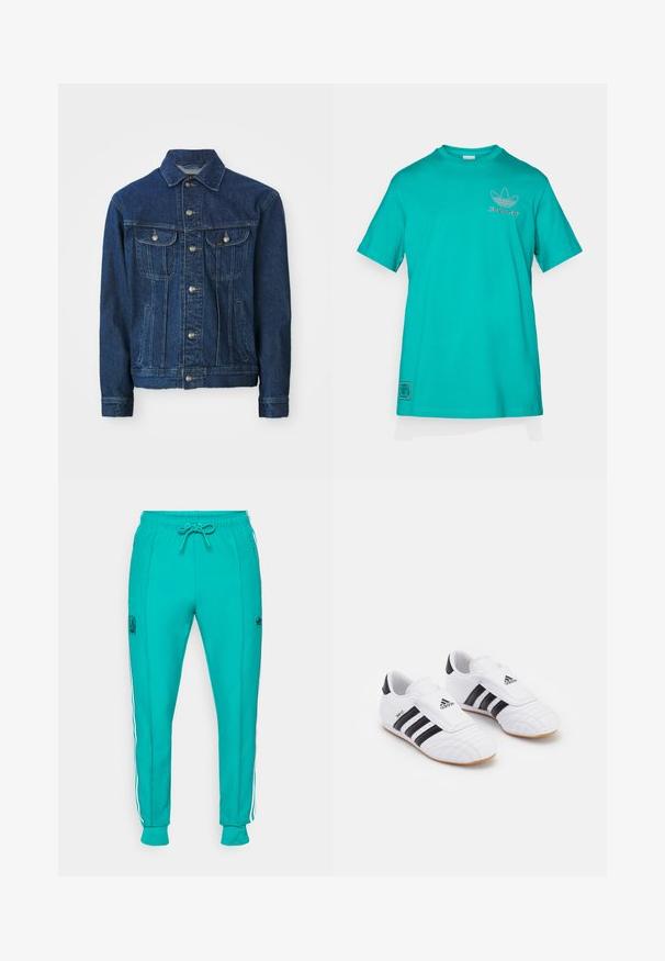 Denim jakna tamnoplave boje, s prednjim kopčanjem na gumbe, dva džepa na prsima i bočnim džepovima. Klasičan ovratnik, lange rukave, ravni dizajn.; adidas Originals LIVERPOOL FC ICON GRAPHIC T-SHIRT - Klupska odjeća - sea green; adidas Originals LIVERPOOL FC ICON TRACK PANT - Klupska odjeća - sea green; Bijele atletske cipele s crnim trakama, s vlaknima sličnim antilopu, zaobljenim prstom i Velcro trakama. Gumeni potplat za prianjanje.