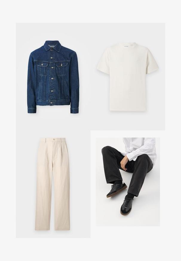 Jachetă din denim de culoare albastru închis, cu închidere frontală cu nasturi, două buzunare la piept și buzunare laterale. Colorat clasic, mâneci lungi, design drept.; Tricou alb cu maneci scurte, dintr-un material ribbed. Guler rotund, croi lejer, fără modele sau accente vizibile. Design simplu și versatil.; Pantaloni din in bej cu o croială lejeră, având talie plată, închidere cu un singur buton și două buzunare. Textura plițată adaugă detaliu.; Adidași negri cu un model neted și texturat, având o talpă din cauciuc și șireturi închise la culoare. Asortați cu blugi negri și o cămașă albă cu dungi.