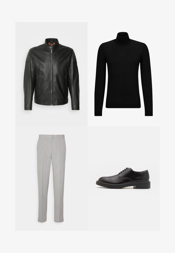 Melna ādas jaka ar rāvējslēdzēju, stāvokli un plecu akcentiem. Iekļauj teksturētas plāksnes uz pleciem un sānu kabatām.; Melnā augstā kakla džemperis, kas izgatavots no mīksta materiāla, ar garām piedurknēm un pieguļušu piegriezumu. Ribota apdare ap apakšu un piedurknēm. Vienkāršs dizains.; Gai pelēki bikses ar gludu tekstūru, plakanu priekšpusi un taisnām kājām. Izgatavotas no elpojoša auduma, ar iekšējām kabatām un jostu cilpām.; Melna āda sašūta kurpe ar noapaļotu purngalu, gludu tekstūru, minimālu šuvju skaitu un zemu gumijas papēdi. Logo uz papēža.