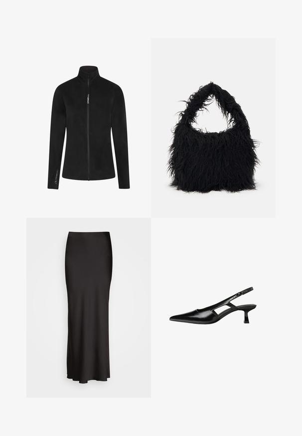 Mustapysynyt fleece-takki korkealla kauluksella ja täysipitkällä vetoketjulla. Ominaisuuksiin kuuluvat sileä pinta sekä valkoinen brändäys rinnassa ja hihassa.; Musta pitkähihaisvaate, joka on valmistettu sileästä kankaasta. Siinä on venepääntie, lyhennetty pituus ja sivuyksityiskohta, jossa on hopeisia nappeja.; Mustat, lattiaan ulottuvat satiinihameet, joissa on sileä tekstuuri, istuva vyötärö ja A-linjainen siluetti, ilman näkyviä koristeluja tai kuvioita.; Mustat lakatut nahkakengät, joissa on viistopää, leikattu sivusuunnassa ja pieni neliökoroke. Sujuva pinta, jossa on minimaalinen koristelu.; Even&Odd Shopping bag - black