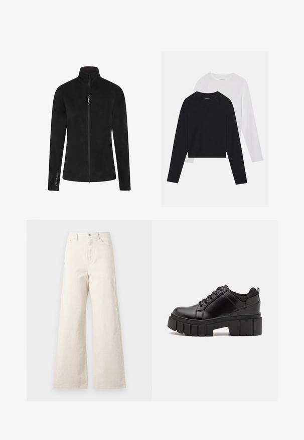 Must mustläkk, millel on kõrge kaelus ja täispikk lukk. Omadusteks on sile tekstuur ja valge bränding rinnal ja varrukal.; Kaks pikade varrukatega särki: üks must ja teine valge. Mõlemal on ümar kaelus, raglanvarrukad ja pehme puuvillasegu kangas.; Bežid laiad püksid, valmistatud puuvillast, esise nööbiga kinnitusega, küljetaskute ja sileda tekstuuriga. Minimalistlik disain, ilma mustriteta.; Must musta platvormsussid paksu plokkninal, ümmarguse varbaga ja traditsioonilise nööridega kinnitamisega. Sussid on sileda tekstuuriga ja minimaalsete detailidega.