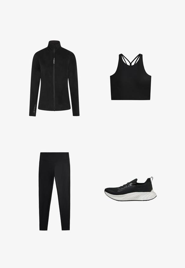 Sort fleecejakke med høj krave og fuld lynlås. Funktioner inkluderer en glat tekstur og hvidt branding på brystet og ærmet.; Sort atletisk crop top med en glat tekstur, featuring en høj halsudskæring og dobbelt krydsede stropper på ryggen. Simpelt, funktionelt design.; Sorte leggings lavet af glat, strækbart stof. Har en bred talje og en tapered ben-design, velegnet til aktiv eller afslappet brug.; Sort atletisk sko med en tekstureret overdel, en hvid polstret sål og diskret branding. Har en trækflap og snørelukning.