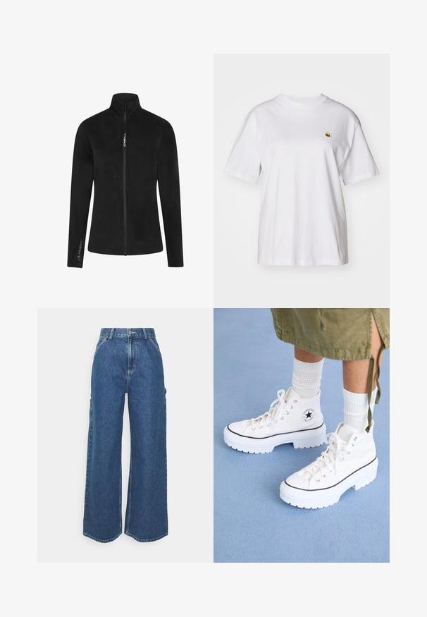 Must mustläkk, millel on kõrge kaelus ja täispikk lukk. Omadusteks on sile tekstuur ja valge bränding rinnal ja varrukal.; Valge puuvillane T-särk, millel on lõdva lõikega, lühikesed varrukad ja väike broderi logo vasakul rinnakarpi.; Laiene jalad sinised denim püksid kõrge vöökohaga, kontrastsete õmblustega ja küljetaskutega, klassikalise viie taskuga disainiga ja toore servaga.; Valged kõrged spordijalatsid tekstuuriga kanvas ülemise osa, kummine varvas, ja paks valge platvormi tald. Omab musti aksente ja silmadele.