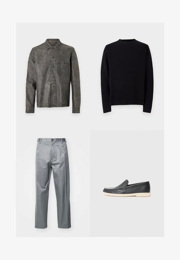 Gray leather jacket with a collared neckline, button closure, single chest pocket, and seam detailing on the front and sleeves.; Black knitted sweater with long sleeves, round ribbed neckline, and a straight cut. Smooth texture with no visible patterns or accents.; Gray cotton blend trousers with a straight-leg design, featuring a front button closure, belt loops, and side pockets.; Black leather slip-on loafers with a textured finish and a contrasting beige rubber sole. Features a subtle accent along the front.