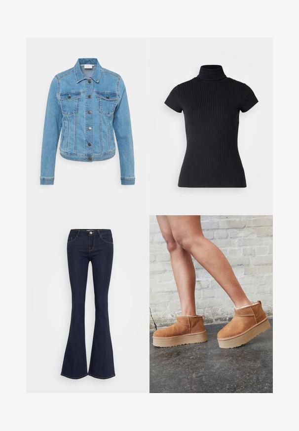 Vaaleansininen farkkutakki, jossa napitus, kaksi rintataskua ja pitkät hihat. Ominaisuuksiin kuuluvat kontrastiväriset tikkausranne ja klassinen kaulussuunnittelu.; Musta, lyhythihainen poolopaita, joka on valmistettu ribbikankaasta. Siinä on slim fit -malli ja korkea kaulus. Yksinkertainen ja teksturoitu kuosi.; Tummat farkut, joissa on leveät lahkeet ja muotoonommeltu vyötärö, edessä nappikiinnitys, viisi taskua ja sauman yksityiskohtia lahkeissa.; Ruske mokasine do gležnja od nubuk kože s mekim podstavom, debelim bež platformama i stražnjim držačem. Teksturirana površina s vidljivim detaljima šavova.