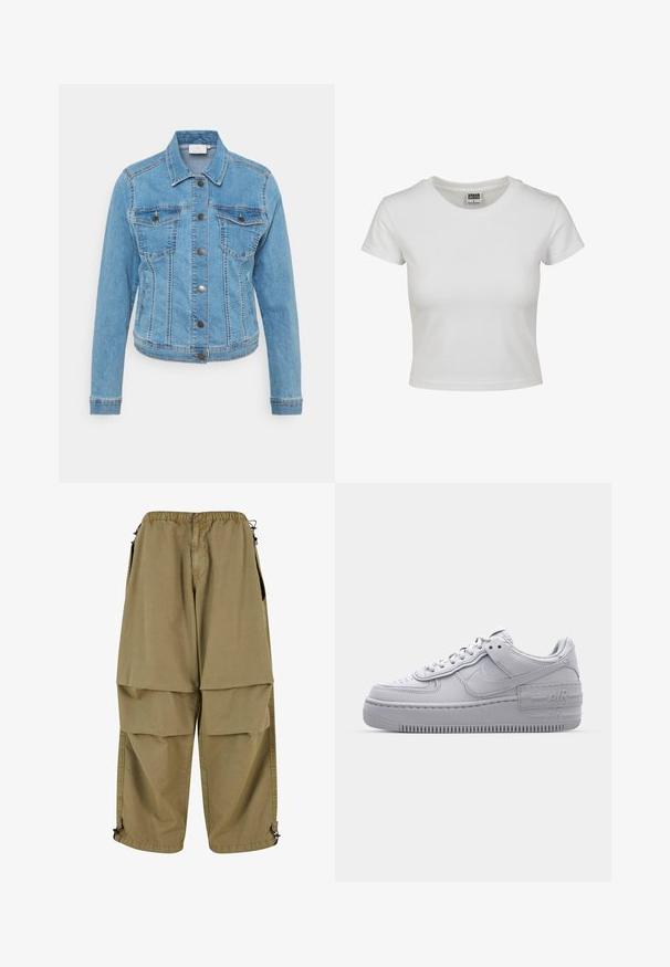 Vaaleansininen farkkutakki, jossa napitus, kaksi rintataskua ja pitkät hihat. Ominaisuuksiin kuuluvat kontrastiväriset tikkausranne ja klassinen kaulussuunnittelu.; Valkoinen puuvillapaita, jossa on klassinen pyöreä kaula-aukko, lyhyet hihat ja kiinteä malli. Ei näkyviä kuvioita tai yksityiskohtia.; Vaalankeltaiset cargo-housut, joissa on joustava vyötärö, suuret etutaskut ja säädettävät lahkeet. Valmistettu kevyestä kankaasta, jonka pinta on sileä.; Harmaa Nike Air Force 1 -lenkkari, jossa on reikänenä, sileä nahkapäällinen, paksu pohja ja kohokuvioitu 'AIR'-yksityiskohta kantapäässä.