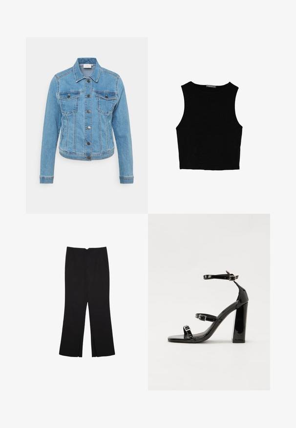 Vaaleansininen farkkutakki, jossa napitus, kaksi rintataskua ja pitkät hihat. Ominaisuuksiin kuuluvat kontrastiväriset tikkausranne ja klassinen kaulussuunnittelu.; Musta hihaton crop-top, joka on valmistettu sileästä kankaasta, jossa on pyöreä kaula-aukko ja siisti, yksinkertainen muotoilu ilman kuvioita tai varusteita.; Mustat housut suoralinjaisella leikkauksella, joissa on etutaskut ja sivurei'ät helman alla. Valmistettu pehmeästä ja sileästä kankaasta. Sopii eri tilaisuuksiin.; Musta kiiltävä korkokenkä sandaalit neliönmuotoisella varpaalla, nilkkaremmillä ja hopeisilla soljilla. Varustettu tukevalla lohkokorkealla vakauden takaamiseksi.