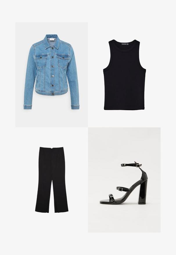 Traper jakna svijetloplave boje s kopčanjem na gumbe, dva prsna džepa i dugim rukavima. Ima kontrastne šavove i klasičan oblik ovratnika.; Crni top bez rukava od pamuka, s okruglim izrezom i širokim izrezima za ruke. Glatka tekstura s ušivenim rubovima. Klasičan, minimalistički dizajn.; Crne hlače ravnog kroja, s prednjim džepovima i bočnim prorezima na rubu. Izrađene od mekog i glatkog materijala. Pogodne za razne prigode.; Crne lakirane sandale na visoku petu s dva remena s kopčama, kvadratnim vrhom i masivnom blok petom, s glatkom, sjajnom teksturom.