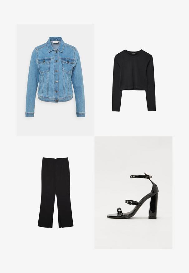 Vaaleansininen farkkutakki, jossa napitus, kaksi rintataskua ja pitkät hihat. Ominaisuuksiin kuuluvat kontrastiväriset tikkausranne ja klassinen kaulussuunnittelu.; Mustat pitkät hihat lyhyt toppi, jossa on pyöreä kaula-aukko, yksinkertainen muotoilu ja hieman kaareva helma.; Mustat housut suoralinjaisella leikkauksella, joissa on etutaskut ja sivurei'ät helman alla. Valmistettu pehmeästä ja sileästä kankaasta. Sopii eri tilaisuuksiin.; Musta kiiltäväpintainen korkokengät, joissa on kaksi solkikiinnitystä, neliönmuotoinen kärki ja paksu korko, sileällä, kiiltävällä pintarakenteella.