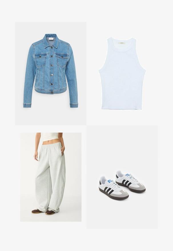 Vaaleansininen farkkutakki, jossa napitus, kaksi rintataskua ja pitkät hihat. Ominaisuuksiin kuuluvat kontrastiväriset tikkausranne ja klassinen kaulussuunnittelu.; Valkoinen hihaton toppi, ribbed rakenne, pyöreä pääntie, hihaton malli, tiukka muoto, hillitty brändäys kauluksella sisäpuolella.; Vaaleat harmaat collegehousut, joissa on joustava vyötärö, sivutaskut ja löysä istuvuus. Valmistettu pehmeästä, tekstuurilla varustetusta kankaasta; sisältää hienovaraisia saumoja.; Urheilukengät, joissa on valkoinen nahkainen päällinen, harmaa mokkanokka ja kolme mustaa raitaa. Ominaisuuksina sininen logo kielekkeessä ja kuvioitu kumipohja.