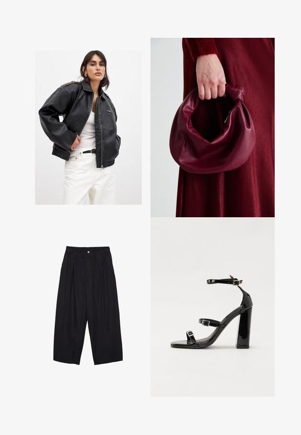 Giacca bomber nera in ecopelle con chiusura a zip, polsini a coste e una finitura testurizzata sottile. Abbinata a una maglia bianca e pantaloni chiari.; Top bianco senza maniche con scollatura rotonda. Realizzato in tessuto liscio, presenta una vestibilità rilassata e un design minimalista. Nessun motivo o accentuazione.; Pantaloni culotte neri in poliestere con una cintura elastica, due pieghe frontali e una silhouette ampia. Nessun motivo visibile o dettagli in metallo.; Sandali con tacco in vernice nera, con punta squadrata, cinturini alla caviglia e fibbie in argento. Presentano un tacco a blocco spesso per maggiore stabilità.; Borsa in pelle bordeaux con un design morbido e arricciato e una forma arrotondata. Il manico è fissato, mostrando una texture liscia.