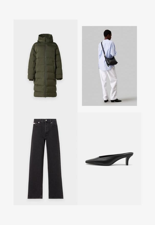 Olivengrøn pufferjakke med hætte, der har en fuldlængde frontlynlås, quiltet design og mansjetterede ærmer. Glat, isoleret stof.; Sort bomulds t-shirt med rund halsudskæring og korte ærmer. Har en afslappet pasform og et enkelt, uprydet design.; Sorte vidde jeans lavet af denim, med høj talje, fem-lomme stil og en metalknap lukning med kontrasterende syninger.; Sorte læder mules med spids tå og lav stiletto hæl. Glat tekstur, minimalistisk design og åben bagdel for nem påtagning.; Sort læder skuldertaske med en blød tekstur, trekantet form og justerbar strop, kombineret med en lyseblå stribet skjorte og hvide bukser.