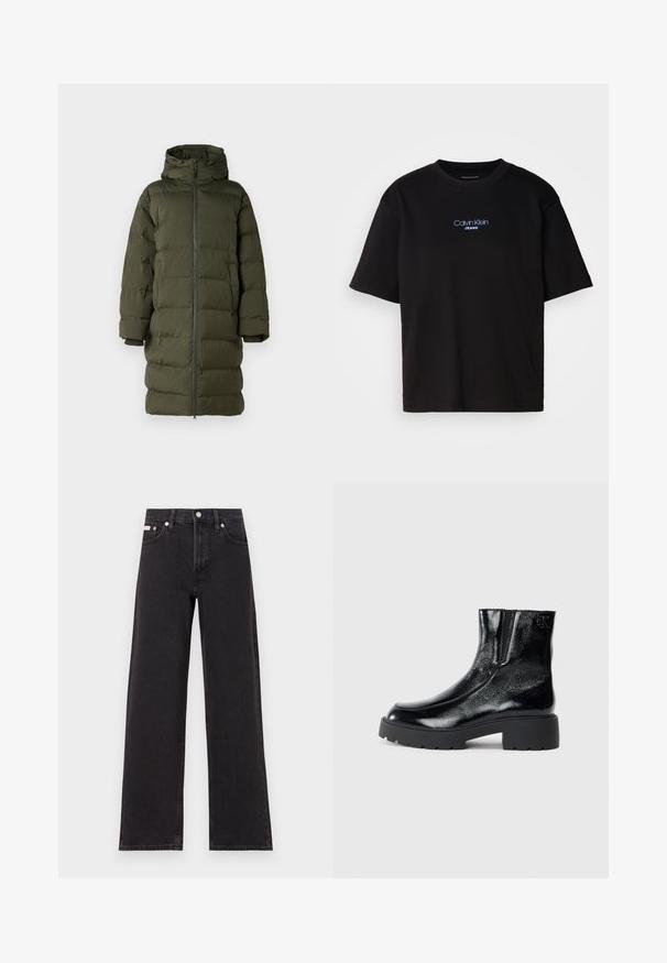 Olivroheline puffermantel kapuutsiga, millel on täispikk eesmine lukk, tikandiga disain ja mansettidega varrukad. Sile, isoleeritud kangas.; Mustmust särk ümmarguse kaelusega, lühikeste varrukatega ja sinise tikandiga "Calvin Klein JEANS" logo ees.; Mustad laiad mustad teksad, millel on kõrge vöökoht, viie tasku stiil ja metallist nööpkinnitus kontrastsete õmblustega.; Mustad mustad tossud läikiva patendi nahaga viimistlusega, jäme musta kummist tald ja kõrgendatud konts; sisaldab külgedel peent logodegust.