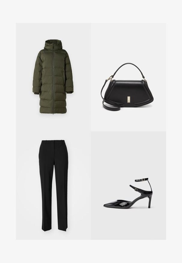Olivengrøn pufferjakke med hætte, der har en fuldlængde frontlynlås, quiltet design og mansjetterede ærmer. Glat, isoleret stof.; Beige kortærmet top med rund halsudskæring, en 5-knaps lukning og en blød, struktureret overflade. Materialet virker let og afslappet.; Sorte skræddersyede bukser med lige ben-design, der har en glat tekstur og skarpe folder langs fronten. Ingen synlige hardware.; Sorte laklæderhæle med spids tå, justerbare ankelstropper og en slank hæl. Glat tekstur med en skinnende finish.; Sort læderhåndtaske med en struktureret design, der har en kortet form, tophåndtag og guld hardware-accenter. Justerbar skulderrem inkluderet.