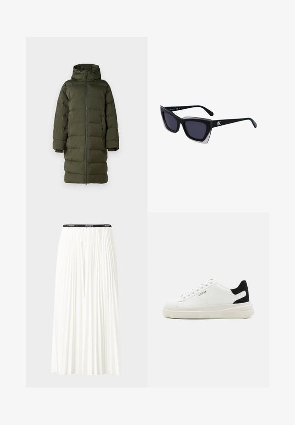 Olivengrøn pufferjakke med hætte, der har en fuldlængde frontlynlås, quiltet design og mansjetterede ærmer. Glat, isoleret stof.; T-shirt i bomuld med vandrette marineblå striber på en hvid baggrund. "Tommy Hilfiger" broderet i kursiv på brystet. Rund hals.; Plisseret hvid nederdel med en sort elastisk talje, der har "LACOSTE"-logoet. Mellemlang design med blød tekstur.; Hvide lædersneakers med en tyk hvid sål, sort ruskindhælvægt og prægede logoer på siden. Snørebåndsdesign med seks øjer.; Store sorte oversized solbriller med geometrisk form, med mørke linser og en kontrasterende grå detalje på stellet. Logo på armen.