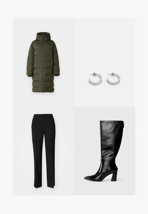 Cappotto trapuntato verde oliva con cappuccio, dotato di zip frontale a tutta lunghezza, design trapuntato e maniche a cuffia. Tessuto liscio e isolato.; Maglietta in cotone nera con scollatura tonda, maniche corte e logo ricamato sul petto. Design semplice e vestibilità rilassata senza motivi.; Pantaloni neri su misura con un design a gamba dritta, caratterizzati da una texture liscia e pieghe ben definite sul davanti. Senza hardware visibile.; Stivale in pelle nera, alto fino al ginocchio, con punta affusolata, superficie liscia e tacco spesso. Presenta un dettaglio con zip sul retro.; Orecchini a cerchio in argento con una superficie liscia e una fila di piccole pietre trasparenti lungo il bordo inferiore, dotati di chiusura a perno.