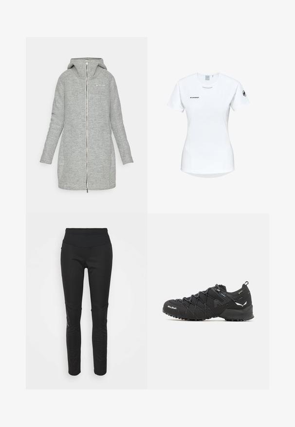 Szary, kurtka do kolan wykonana z teksturowanej tkaniny. Posiada kaptur, pełny zamek z przodu oraz subtelne logo na klatce piersiowej.; Koszulka sportowa z krótkim rękawem w kolorze białym, z okrągłym dekoltem, z logo na piersi i gładką, lekką teksturą materiału.; Czarne legginsy sportowe z wysokim pasem, gładką teksturą, detalem logo oraz akcentami w postaci bocznych paneli dla dodatkowego zainteresowania wizualnego.; Czarne buty trekkingowe z teksturowaną cholewką z tkaniny, systemem sznurowania i wytrzymałą gumową podeszwą. Udekorowane odblaskowymi detalami i logo.