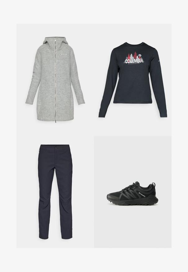 Gray, knee-length jacket made of textured fabric. Features a hood, full zipper front, and subtle branding on the chest.; Long-sleeve dark gray shirt with a graphic of red trees and mountains; "COLUMBIA" logo in bold white text. Soft fabric, standard crew neck.; Navy blue pants made of smooth fabric, featuring a front button closure, slim-fit design, and creased detailing at the knees.; Columbia PEAKFREAK - Hiking shoes - black