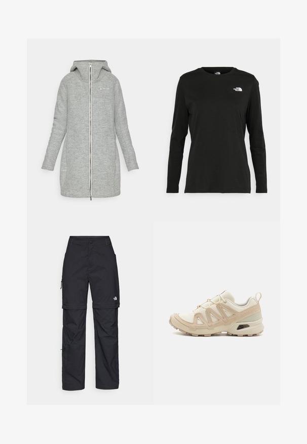 Chaqueta gris hasta la rodilla hecha de tejido texturizado. Cuenta con una capucha, cierre frontal completo y una sutil marca en el pecho.; Camiseta de manga larga negra de algodón con cuello redondo. Presenta un pequeño logotipo blanco en la parte izquierda del pecho. Diseño y ajuste simples.; Pantalones cargo de nailon negro con cremallera desmontable, puños ajustables, múltiples bolsillos y un logotipo en la pierna derecha. Textura suave y ligera.; Zapatilla deportiva beige y crema con parte superior de malla texturizada, superposiciones de soporte y suela de goma con un patrón de tracción.