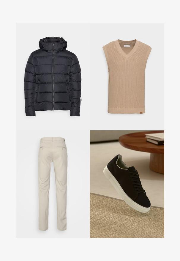Must musterkate, millel on kapuuts, horisontaalselt tikitud sektsioonid, esi tõmblukk ja tõmblukuga küljetaskud. Sile pind.; Beži kudumata ilma varrukateta sviiter, millel on V-kaelus, soonikuline tekstuur ja väike nahast logo silt vasakul alal.; Bež püksid siledas tekstuuris, sirge lõikega, kahe nööpidega tagataskuga ja tavalise vöökohaga.; Mustad musta tossuga valge tallaga, mis hõljub beeži tekstuuriga vaiba kohal, ümaral puidust laual, mille peal on kokku virnastatud raamatud.