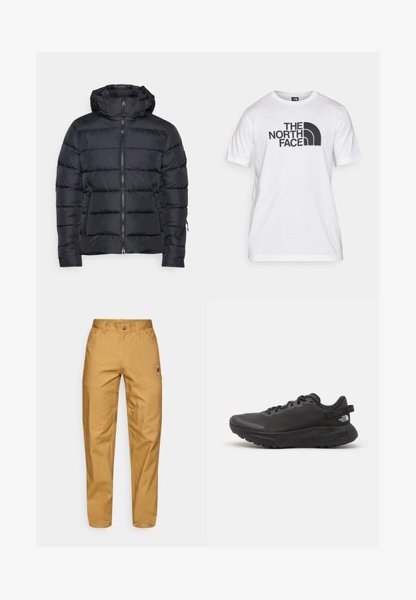 Black puffer jacket with a hood, features horizontal quilted sections, a front zipper, and zippered side pockets. Smooth texture.; White cotton t-shirt featuring a black graphic print with text and a curved logo design. Round neckline and short sleeves. Plain texture.; Men's tan work pants with front pockets, belt loops, a button closure, and a small circular logo on the right thigh.; Black athletic shoe with mesh upper, padded collar, and rubber sole. Features textured design and branding on the heel. Lightweight construction.