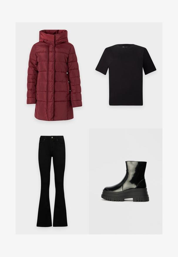 Căciulă de iarnă căptușită, de culoare vișinie, cu glugă, având un model matlasat, mâneci lungi și o croială dreaptă pentru un plus de căldură și confort.; Tricou scurt negru cu mânecă scurtă și guler rotund, realizat dintr-un material de bumbac moale. Design simplu, fără logo-uri sau modele vizibile.; Jeans negri cu talie înaltă, cu închidere prin nasture și fermoar, buzunare frontale și picioare evazate, așezați pe un fundal alb.; Botine negre, lucioase, până la gleznă, cu talpă groasă și vârf rotund, vedere laterală pe un fundal gri deschis, simplu.