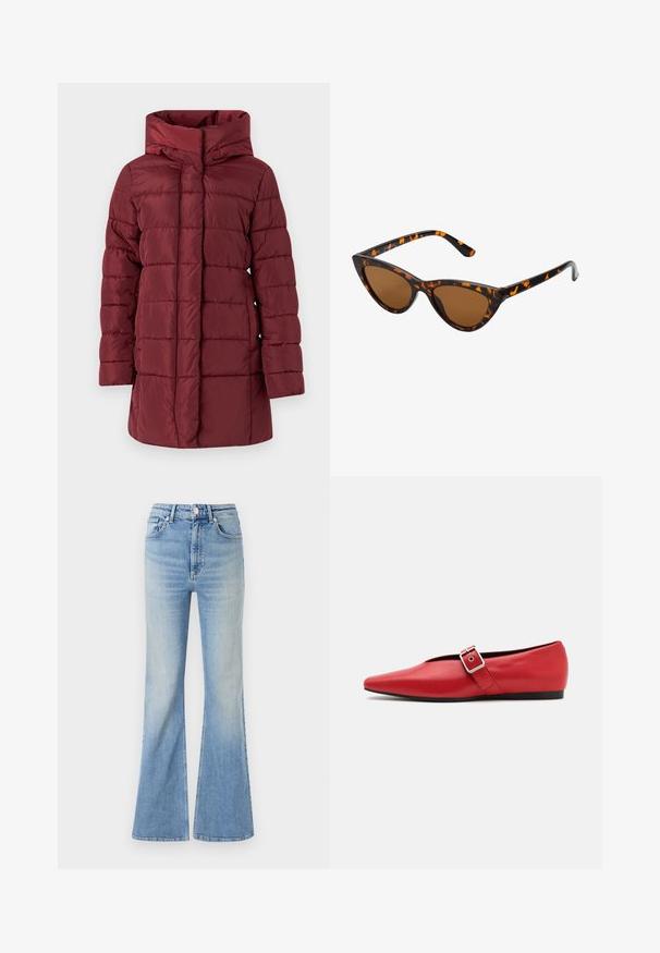 Bordo podložena zimska jakna s kapuco, z značilnim prešitim vzorcem, dolgimi rokavi in ravnim krojem za dodatno toploto in udobje.; Bela brezrokavna majica iz rebraste tkanine, z zaobljenim izrezom in prilegajočim silhueto, z minimalnimi šivi in brez okraskov.; Svetlo modri široki kavbojki iz denima, z visokim pasom, petimi žepi in subtilnim postopnim zbledanjem proti robu.; Rdeče usnjene balerinke s koničastim nosom, z bočnim trakom z kovinsko sponko in nizko črno peto. Gladka tekstura po celotni površini.; Mačje oči sončna očala z okvirom v črno-oranžni želvej ohišji, rjavimi lečami in elegantnimi, ostrimi konicami. Imajo minimalistični logo na ročaju.; Črna usnjena torbica na preklop z zlato kovinsko zaponko. Vključuje črn trak in eleganten, minimalističen dizajn.; Srebrni uhani v obliki obročka s spiralnim dizajnom, ki imajo sijajno površino in zapiralo na zadnji strani. Mere znašajo približno 3 cm v premeru.