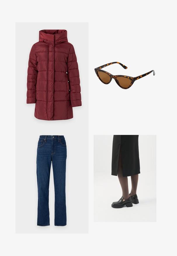 Casaco de inverno acolchoado em cor bordeaux com capuz, apresentando um padrão acolchoado, mangas longas e um corte reto para maior calor e conforto.; Top desportivo sem mangas, de cor branca, feito de tecido canelado, com decote arredondado e silhueta justa, apresentando costuras mínimas e sem adornos.; Jeans de ganga azul escuro de perna reta com um design de cinco bolsos, costura laranja e fecho de botão na cintura.; Sapatos de couro pretos com bico arredondado, salto bloco grosso e detalhes elásticos laterais, combinados com meias escuras e uma saia preta com uma abertura.; Óculos de sol estilo gato com uma armação em tartaruga preta e laranja, lentes castanhas e pontas elegantes e pontiagudas. Apresenta um logo minimalista na haste.