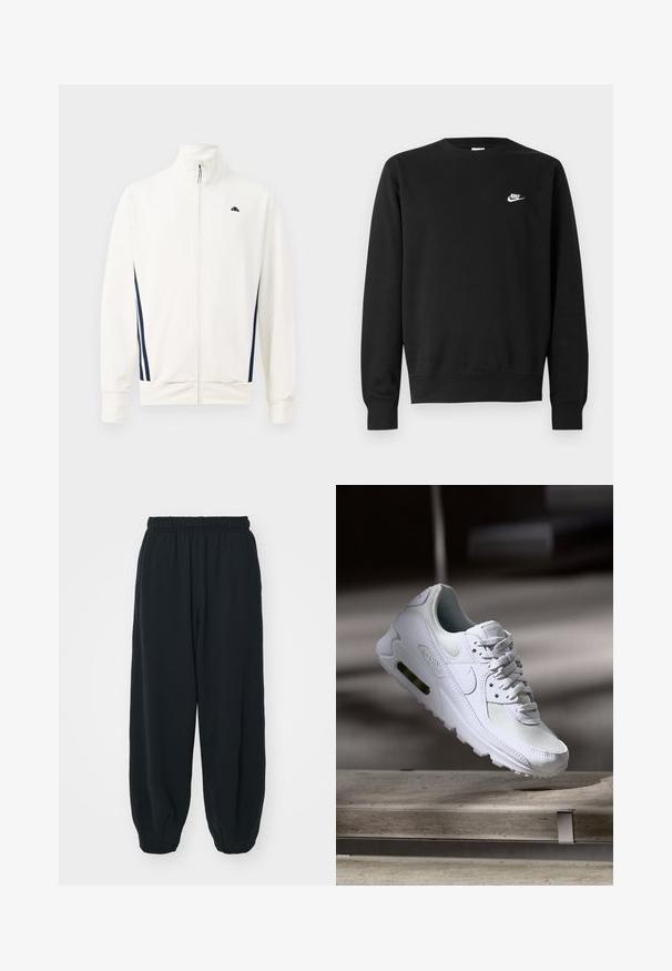 Balta zip-up striukė, pagaminta iš lygaus audinio, su tamsiai mėlynomis šoninėmis juostelėmis. Aukšta apykaklė ir logotipas kairėje krūtinės pusėje. Įprastas fasonas.; Juodas medvilninis džemperis su apvalia iškirpte, ilgomis rankovėmis ir mažu baltu „Nike“ logotipu viršutinėje kairėje krūtinės pusėje.; Juodi, su elastiniu juosmeniu sportiniai kelnės su laisvu siluetu, suapvalintais kulkšnimis, lygia tekstūra ir be matomų raštų ar metalinių akcentų.; Baltos Nike Air Max 90 sportbačiai su.comi ir odos viršumi, perforuota pirštų dėžute ir matomu oro pagalvėle kulne.