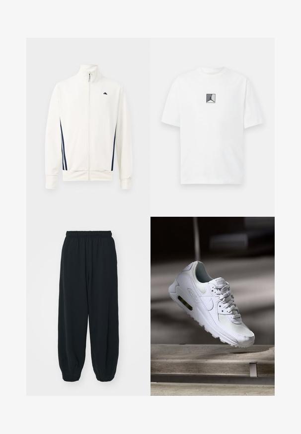 Valge tõmblukuga jakk, mis on valmistatud siledast kangast ja millel on tumesinised küljeribad. Kõrge krae ja logo vasakul rinnal. Standardne istuvus.; Valge puuvillane T-särk, millel on keskel must ja hall logo graafika. Klasikaline ümmargune kaelus ja lühikesed varrukad, millel on mugav lõige.; Mustade elastse vöökoha ja laia lõikega dressipüksid, mansetiga sääred, sile tekstuur ning ilma nähtavate mustrite või detailideta.; Valged Nike Air Max 90 sneakers, millel on võrkkangast ja nahast ülemine osa, aukudega varbadosa ning nähtav õhuüksus kandades.