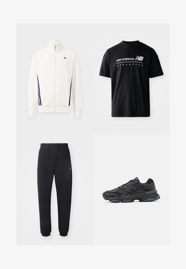 White zip-up jacket made of smooth fabric featuring navy blue side stripes. High collar and logo on the left chest. Standard fit.; Black cotton t-shirt featuring a crew neck, short sleeves, and white "new balance" and "ATHLETICS" text graphics on the front.; Black sweatpants made of soft material with an elastic waistband, drawstring, and tapered cuffs, featuring a subtle logo on the side.; Black running shoe featuring a mix of mesh and synthetic materials, chunky sole, curved design, and prominent branding on the side.
