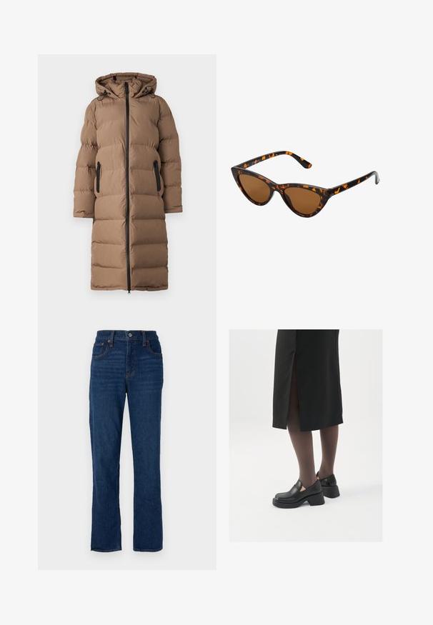 ONLY Vinterkåpe / -frakk - walnut; Brun strikket genser med høy ribbestrikket krage, vide ermer og en myk tekstur. Har en avslappet passform og ribbestrikkede detaljer på ermene.; Mørkeblå denim jeans med rett ben, fem lommer, oransje sømmer og knappelukking i midjen.; Sorte lærersko med rund tå, tykk blokkheel og elastiske sideaksenter, sammen med mørke strømpebukser og et svart skjørt med splitt.; Kattøye solbriller med en svart og oransje skjellramme, brune linser og elegante, spisse tupper. Har en minimalistisk logo på stangen.