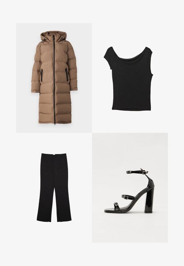 ONLY Wintermantel - walnut; Schwarzes Kurzarmoberteil aus glattem Stoff; hat einen drapierten Ausschnitt und einen asymmetrischen Saum, mit einem figurbetonten Körper.; Schwarze Hose mit geradem Schnitt, ausgestattet mit Fronttaschen und Seitenschlitzen am Saum. Hergestellt aus weichem, glattem Stoff. Geeignet für verschiedene Anlässe.; Schwarze patentierte Sandalen mit Absatz, quadratischer Spitze, Knöchelriemen und silbernen Schnallen. Mit einem stabilen Blockabsatz für mehr Stabilität.