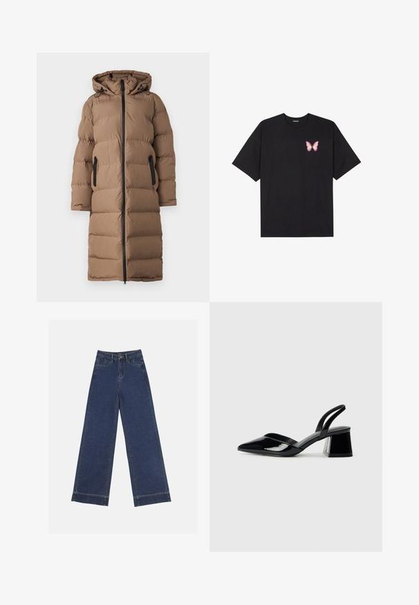 ONLY Manteau d'hiver - walnut; T-shirt en coton noir à manches courtes, avec un petit graphique de papillon rose sur la poitrine gauche. Modèle à col rond avec une coupe décontractée.; Jeans à jambes larges en denim bleu foncé. Comprend cinq poches, des passants de ceinture et un ourlet brut en bas avec des détails de couture visibles.; Escarpins en cuir verni noir avec bout pointu et talon bloc géométrique. Présente un design élégant et minimaliste ainsi qu'une texture lisse.