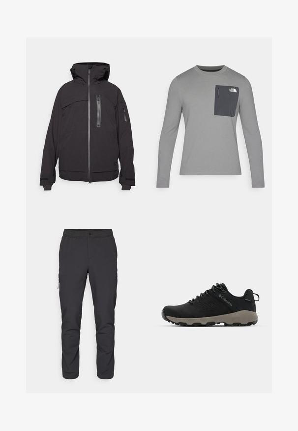 Čierna zateplená bunda s kapucňou, so zipsovým predným dielom a vreckami na hrudi, nastaviteľnými manžetami a hladkou textúrou.; Dlhý rukáv šedá košeľa s textúrovanou tkaninou, s tmavošedou náprsní kapsou a zipsom. Logo na kapse v bielej farbe.; Čierne zúžené nohavice s elastickým pásom, bočným vreckom na zips a hladkým, ľahkým materiálom. Ideálne na športové aktivity.; Čierne turistické topánky s hladkým zvrškom, perforovaným dizajnom, šedou podrážkou a vystuženým pätou. Obsahujú šnúrky a pútko pre jednoduché obúvanie.
