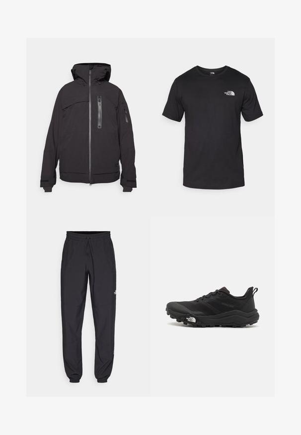 Giacca nera isolata con cappuccio, dotata di zip frontale e tasche sul petto, polsini regolabili e una texture liscia.; T-shirt nera a maniche corte in cotone, con scollatura rotonda e un piccolo logo bianco nell'area superiore sinistra del petto.; Pantaloni sportivi neri realizzati in tessuto leggero, con vita regolabile con cordino, tasche laterali e orli affusolati alle caviglie.; Scarpa da trail running nera con tomaia texture, suola in gomma e punta rinforzata. Presenta un collare imbottito e un tassello per un indossamento facile.